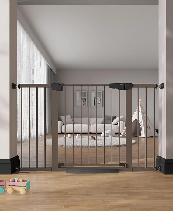 Cumbor 29.7-51.5 in Extra Wide Baby Gate for Stairs, Dog Gate Indoor Brown | Mom's Choice Awards Winner, Auto Close with Double Lock for Doorways, Child Gate for Toddlers & Pets, Pressure Mounted