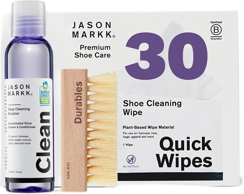 Jason Markk Essential & Quick Wipes Shoe Care Bundle - Essential Cleaning Kit (4oz Deep Cleaning Solution & Durables Brush) + Quick Wipes (30 Pack), Sneaker Cleaner & On-the-Go Stain Remover