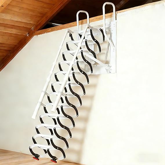 Pull Down Attic Ladder - 9 Steps,Wall-Mounted Folding Stairs, Folding Loft Staircase with Handrails, Wall-Mounted Retractable Ladder, 7.3 ft Height (with armrests, 7.3ft)