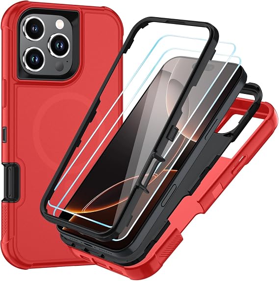 SunStory 3 in 1 Magnetic for iPhone 16 Pro Case with Screen Protector Red