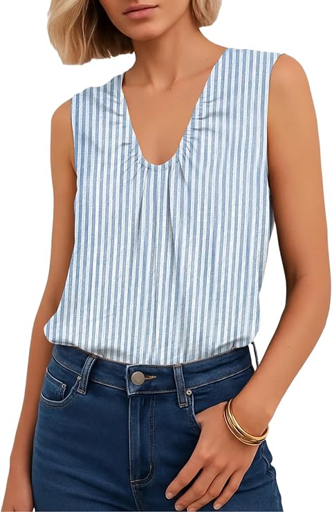 SAUKOLE Womens Summer Tank Tops Casual Pleated V Neck Sleeveless Shirts Dressy Loose Blouses Outfits