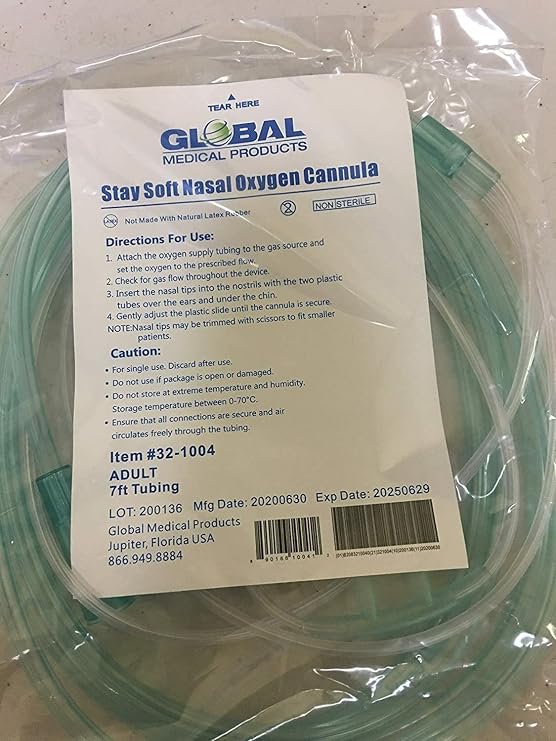 Global Stay Soft Adult Nasal Cannula with 7ft Soft Green, Universal Connector, Kink Resistant, Lightweight Tubing (5 Pack)