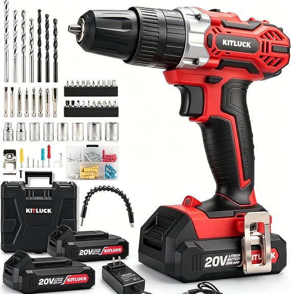 KITLUCK Cordless Drill Set, 20V Power Drill Kit Electric Drills with 2 X 2.0AH Battery, 44pcs Bits, 1 Box Screws, Bubble Level, 3/8'' Chuck Power Drill, 32NM, 21+3 Position, 2 Variable Speed