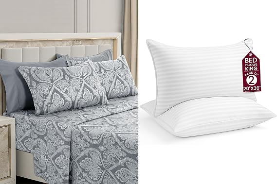 LUX Decor Paisley King Sheet Set + 2 King Pillows 6 Piece Ultra-Soft Microfiber Bed Sheets with Flat Sheet, 16 Inches Deep Pocket Fitted Sheet & 4 Pillowcases, Breathable, Oeko-TEX Grey