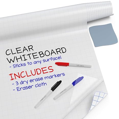 Kassa X-Large Chalkboard Wallpaper - Clear | 1.4ft x 6.5ft Adhesive Paper Roll | Includes 3 Markers & Eraser Cloth | Peel & Stick on a Wall, Table & Desk | Ideal for Use at Home, School, Office & More