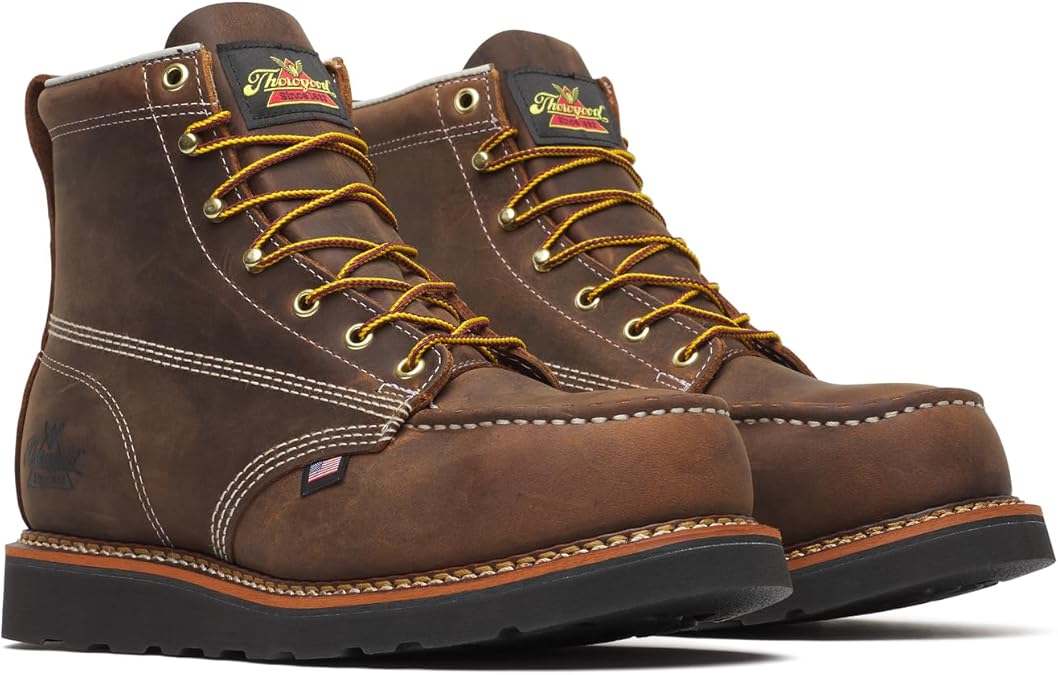 Thorogood American Heritage 6" Steel Safety Moc Toe Black MAXWear Wedge Mens Work Boot, Full-grain Leather, Shock Absorption Footbed