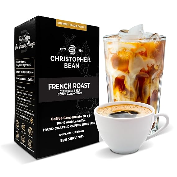 Christopher Bean Coffee - 396 servings, 30 to 1 Blend Bag in Box Liquid Instant Coffee or Cold Brew Coffee Concentrate - Hot or Iced Coffee - French Roast