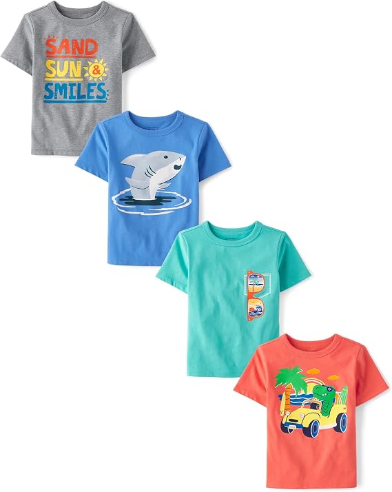 The Children's Place Baby Boys and Toddler Dinos,Animals,Cars Short Sleeve Graphic T-Shirts,4 Pack