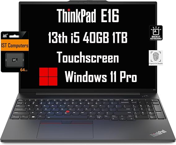 Lenovo ThinkPad E16 Business Laptop (16" FHD+ Touchscreen, Intel 10-Core i5-1335U, 40GB RAM, 1TB SSD), Backlit, Fingerprint, IST SD Card, FHD Webcam, Ethernet, Wi-Fi 6, Win 11 Pro, Black