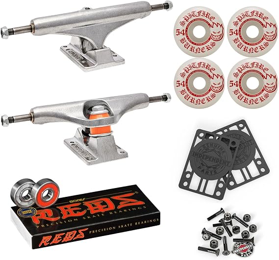 Independent Skateboard Trucks (Choose Size) Package Kit: 54mm Spitfire Burners 99A Wheels, with Bones Reds Bearings, 1" Mounting Hardware, and 1/8" Risers