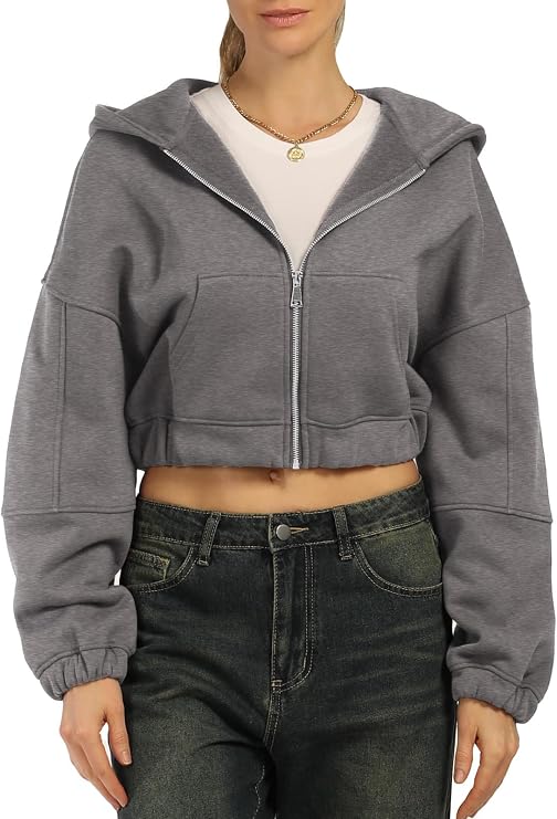 Design by Olivia Women's Cropped Zip Up Hoodie Casual Fall Fleece Jacket