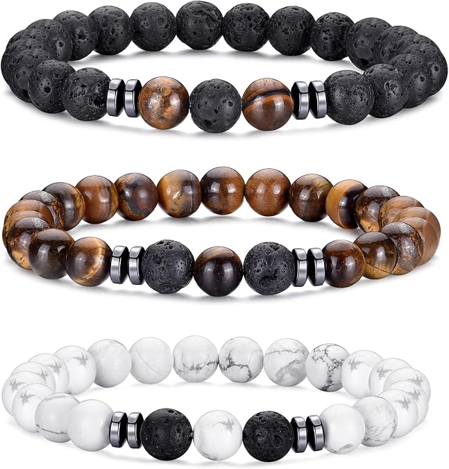 Tiger Eye Beaded Bracelets for Men - Elastic 8MM Natural Stone Bracelet Set Lava Rock Bracelets Gifts for Son Grandson Bonus Son Boyfriend Brother