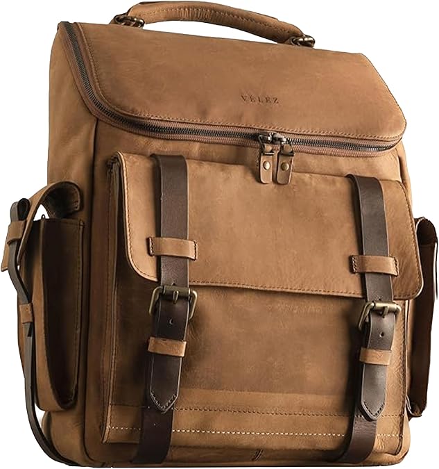 VELEZ Top Grain Leather Backpack for Men and Women - 15.6 Inch Laptop Bag - Brown Designer Leather Bookbag - Vintage Business Leather Travel Backpack Casual Shoulder Bags