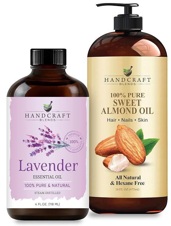 Handcraft Blends Relaxing Massage Set: Sweet Almond Oil (16 Fl Oz) and Lavender Essential Oil (4 Fl Oz) 100% Pure & Natural for Body Massage and Skin Hydration