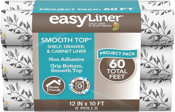 Smooth Top EasyLiner for Cabinets & Drawers, Easy to Install, Shelf Paper & Drawer Liner Non Adhesive, Non Slip Shelf Liner for Pantry, Kitchen Essentials, 12in x 10ft (6 Pack) 60 ft, Dark Gray Branch
