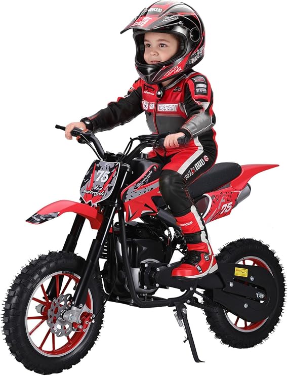 49cc Dirt Bike for Kids 8-14 4-Stroke Gas Dirt Bike Mountain Off-Road Mini Bike Gas Powered Motocross Pocket Bike with Front Rear Disc Brake & Shock Absorbing Spring Red