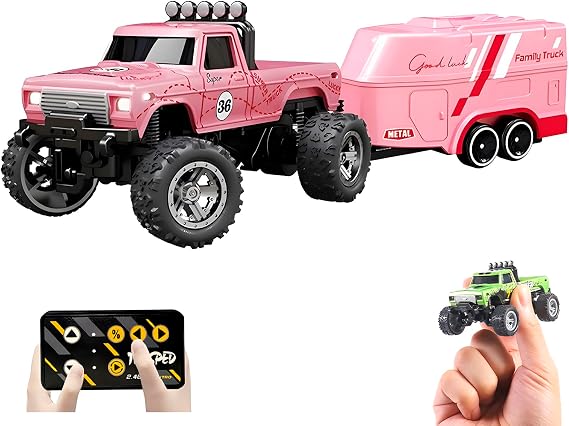1:64 Mini RC Monster Truck with LED Lights | 2.4GHz Off-Road Remote Control Car | 3 Speed Adjustable, USB Rechargeable Alloy RC Truck for Kids & Adults Indoor/Outdoor Racing (Pink)
