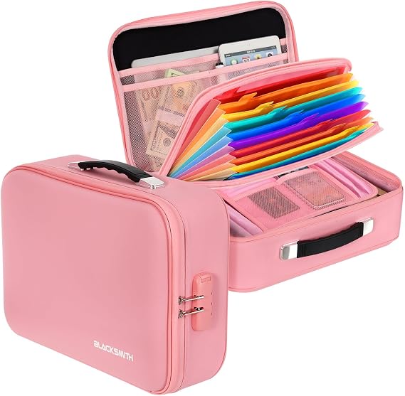 BlackSmith Fireproof Document Box, 4200F Heat Resistant & Waterproof Hard Case 13 Layers File Organizer with Lock, Portable Safe for Important Documents, Certificates, Travel Use-Pink