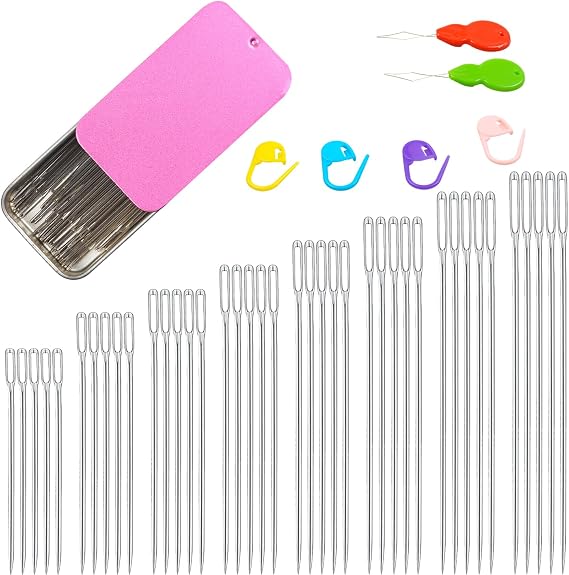 40/80PCS Large Eye Sewing Needles, 8 Sizes Hand Sewing Sharp Needles, Embroidery Needle, Leather Needle,Stainless Steel Yarn Needles with Threaders & Stitch Markers (Rosy Purple 80pcs)