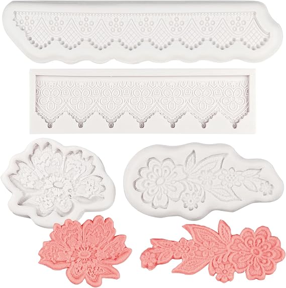 Lace Fondant Molds 4 Pcs, Peonies Embroidery Cake Border Decorating Molds