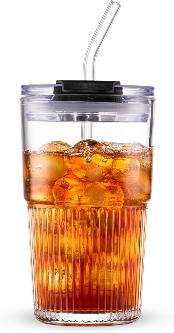 BLUEPOLAR 470ml/16oz Ribbed Glass Tumbler with Straw and Lid, BPA-Free Reusable Iced Coffee Cups with Lids, Thickened Coffee Tumbler for Office/Travel/Car (clear)