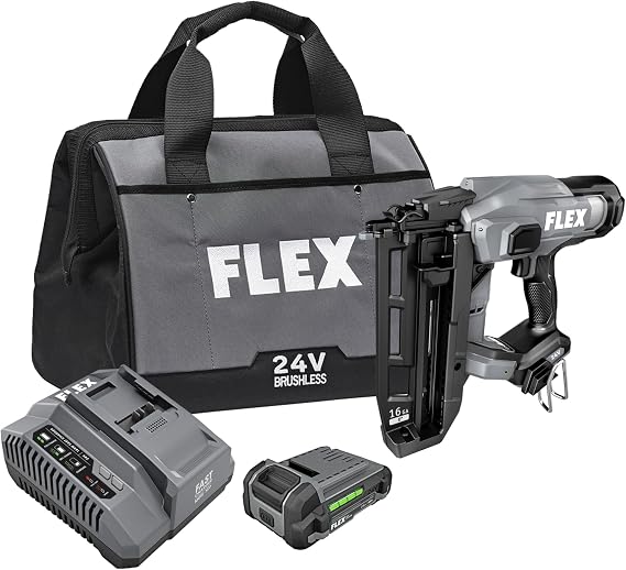 FLEX 24V Brushless Cordless 16 Gauge Straight Finish Nailer Kit, Zero Ramp-up, Heavy Duty Decorative Trim, Drives 3/4" to 2-1/2", Lightweight w/ 2.5Ah Battery & 160W Fast Charger - FX4321-1A
