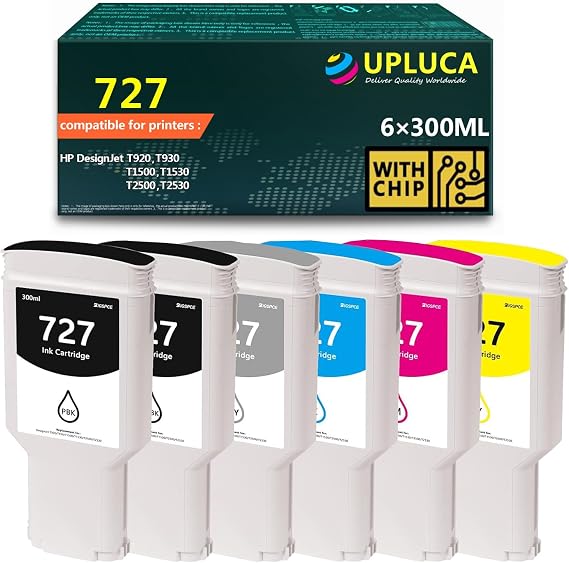 727 Ink Cartridge High Yield Compatible with HP 727 C1Q12A F9J79A F9J76A F9J77A F9J78A F9J80A Ink Cartridge Work for HP DesignJet T920 T930 T1500 T1530 T2500 T2530 Printer (6-Pack, 300ML)