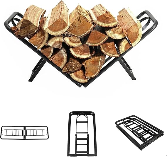 Steel Firewood Rack, Foldable 2FT Firewood Holder, Black, 24 x 9.44 x 11.08 inches, Indoor/Outdoor Fireplace Wood Storage