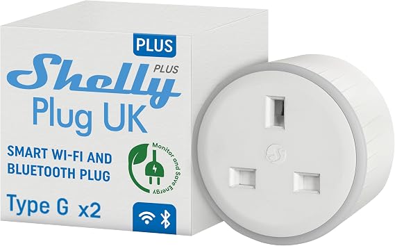 Shelly Plus Plug UK - Smart Wi-Fi Outlet with Power Metering, 13А, Max 3000W, Socket Remote Control, Electricity Usage, Custom Schedules & Timer, LED Indicator, Alexa, Google Home (2 Pack)