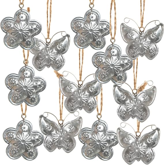 Logbuch-Verlag Easter Pendants Set of 12: Spring Pendants Made of Metal Butterflies & Flowers Spring Decoration for Easter & Wedding Easter Decoration for Easter Shrub Silver Gift Tags 4 cm