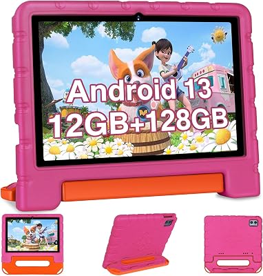 Kids Tablet 10 inch Android 13 Tablets for Kid with Shockproof Case, 12GB128GB, Octa-Core, 1280 X 800 HD Touchscreen, IWAWA Pre-Installed Parental Control, 2.4G5G WiFi, 6000mAh, Bluetooth-Rose red