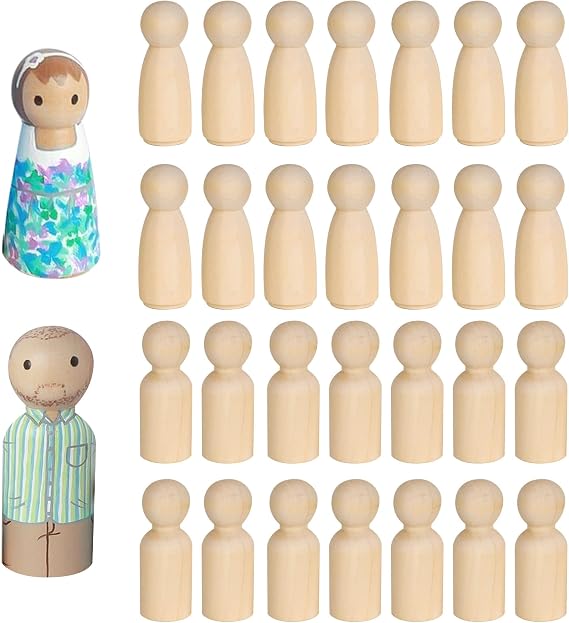 30 PCS Wooden Peg Dolls 90mm, Unfinished Wooden People Figures | 15 Male 15 Female, Plain Blank Doll Bodies, For Painting, DIY Craft Art Projects