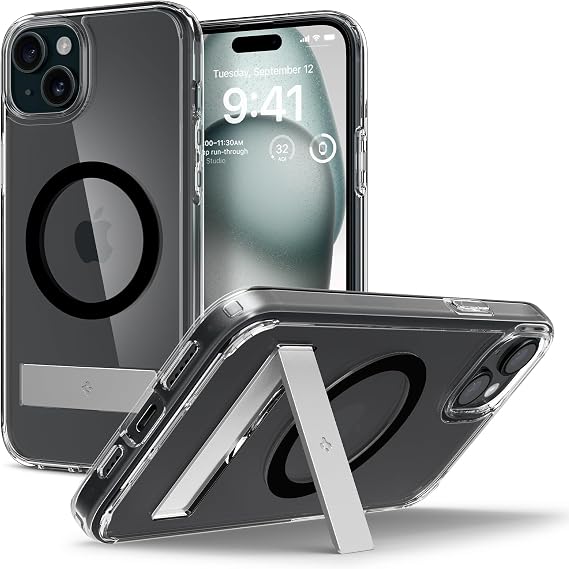 Spigen Ultra Hybrid S MagFit Designed for iPhone 15 Case (2023) [Kickstand] [Amti Yellowing], Compatible with MagSafe - Black