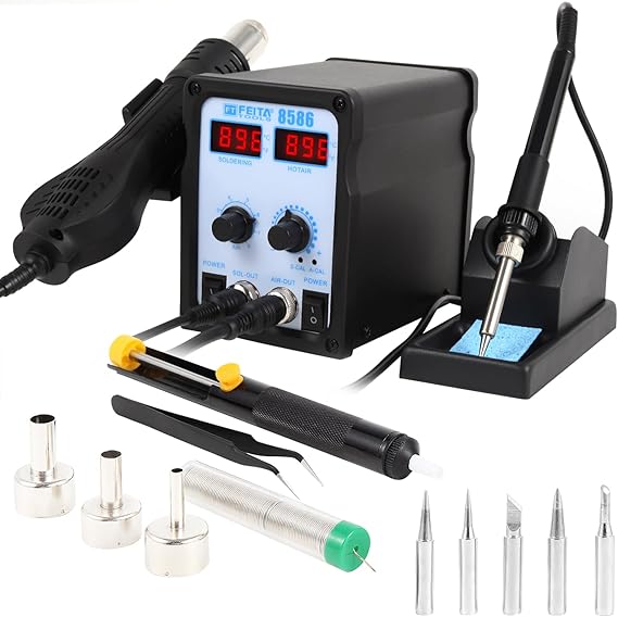 FEITA 8586 SMD Hot Air Rework Station 2 IN 1 Digital Soldering Iron & Heat Air Gun with 5 Solder Tips, 1 Solder Sucker, 1 Solder Wire, 1 Curved Tweezer, 3 Nozzles Kit