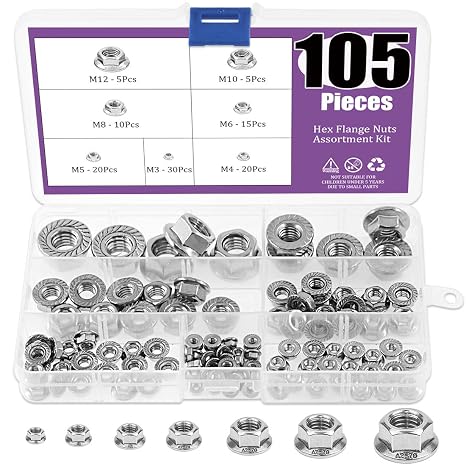Swpeet 105Pcs 304 Stainless Steel Serrated Metric Flange Nuts Hex Lock Nuts Assortment Kit-M3 M4 M5 M6 M8 M10 M12