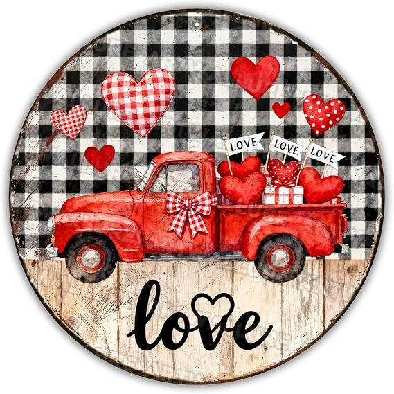 Valentines Day Love Truck Wooden Door Sign Black White Buffalo Plaid Red Heart Design Round Rustic Farmhouse Front Door Porch Wall Decor 8x8Inch