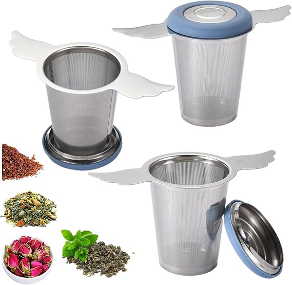 3Pcs Extra Fine Mesh Tea Infuser Steeper Basket with Lid/Drip Tray for Loose Leaf Tea Rooibos, 304 Stainless Steel Tea/Coffee Strainer Filter Brewer with Big Capacity＆Extended Handles, Fit Cup/Teapot