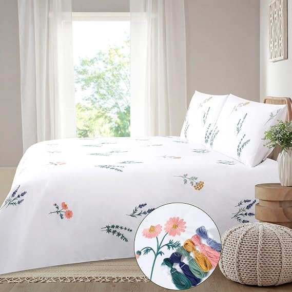 Pink Floral Duvet Cover Queen Embroidered Spring Flower Cotton White