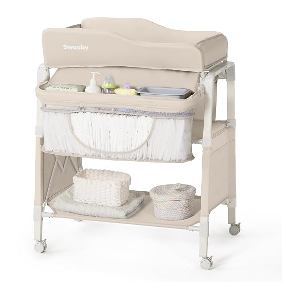 Sweeby Portable Baby Changing Table, Foldable Diaper Changing Station with Waterproof Pad, Mobile Nursery Organizer for Infant & Newborn Essentials, Beige, Gen 2