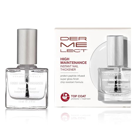 Dermelect High Maintenance Instant Nail Thickener - Nailcare Top Coat with Keratin Protein Peptides, Strengthening, Hardening Protective High Shine Treatment for Weak, Thin, Damaged Nails 0.4 oz