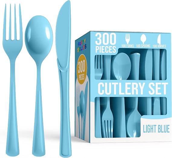 Party Solids Light Blue Plastic Silverware 300 Pcs Light Blue Cutlery Set