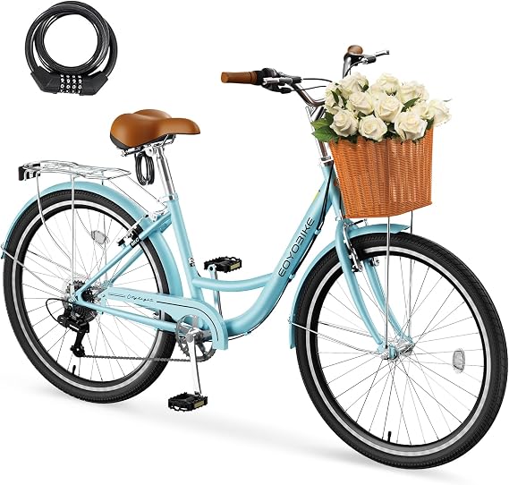NAIZEA Womens Bike - 7 Speed Beach Cruiser Bike for Women, 24 26 inch with Ratten Basket & Rack, Bike for Adults Women, Womens Bicycle for Commuting, Step Through City Bikes for Women Adults