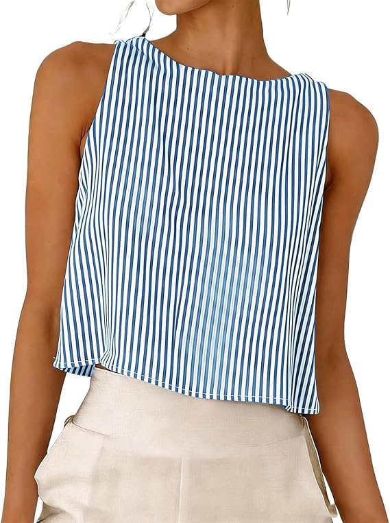 Wkishenl Linen Tank Tops for Women 2026 Summer Casual Cotton Scoop Neck Back Decorative Button Striped Sleeveless Crop Shirts