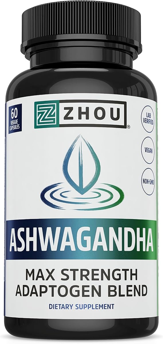 Zhou Nutrition Ashwagandha Capsules, 30 Servings, 60 Capsules | Mental Balance, Energy Boost, Blend of Rhodiola, Holy Basil, Cordyceps, Reishi & Ashwagandha Supplement