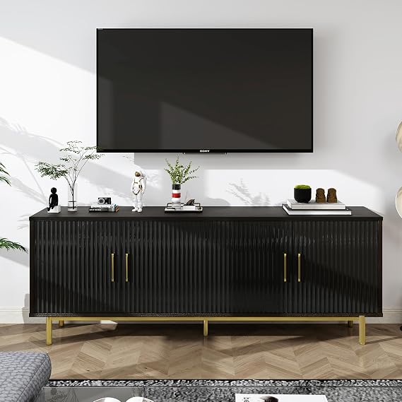 MUUEGM 70" Fluted TV Stand for TVs up to 80 Inches, Entertainment Center with Storage, Adjustable Shelf, Modern TV Console for Living Room and Bedroom, 70" W x 15.75" D x 25" H, Black