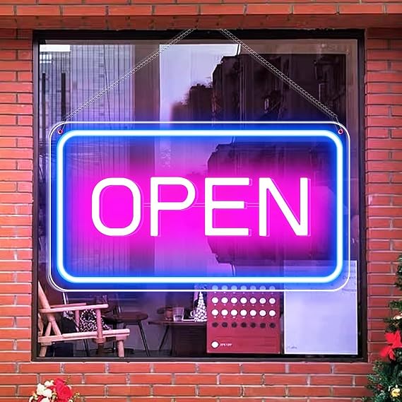 LightingWill LED Neon Open Sign, 16"x 9" Ultra Bright Open Signs for Business, Dimmable 5V USB Light Up Signs for Business Window, Coffee Shops, Stores, Restaurants Bars Hotel, Blue/Pink, Horizontal