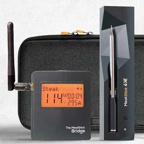 MeatStick 4X WiFi Travel Kit [Unlimited Range] | Quad Sensors Smart Wireless Meat Thermometer with Bluetooth | for Smoking, Grilling, BBQ, Air Fryer, Deep Frying, Oven, Sous Vide, Rotisserie