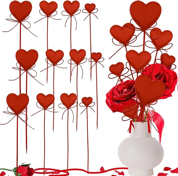 12 Pcs Valentine's Day Heart Picks Red Love Bowknot Heart Shaped Flower Stems Floral Fairy Wand Sticks for Valentine Wedding Anniversary Mother's Day Party Supplies