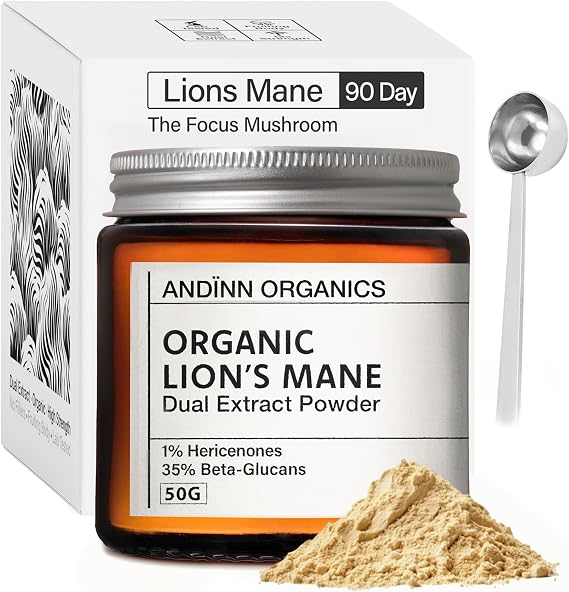 Organic Lions Mane Supplement Powder | 12X Strength | 3 Month Supply | NGF | Focus Plus | 6000mg | Dual Extract | Soil Association Certified | NGF | 1% Hericenones | 35% Beta-Glucans