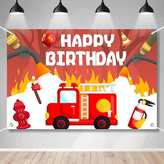Firetruck Happy Birthday Banner Backdrop Red Firetruck Safety Equipment Fire Rescue Theme Decor for Firefighter Fireman Boys Birthday Party Photo Booth Favors Decorations Supplies 70.8x47.2in-BECKTEN